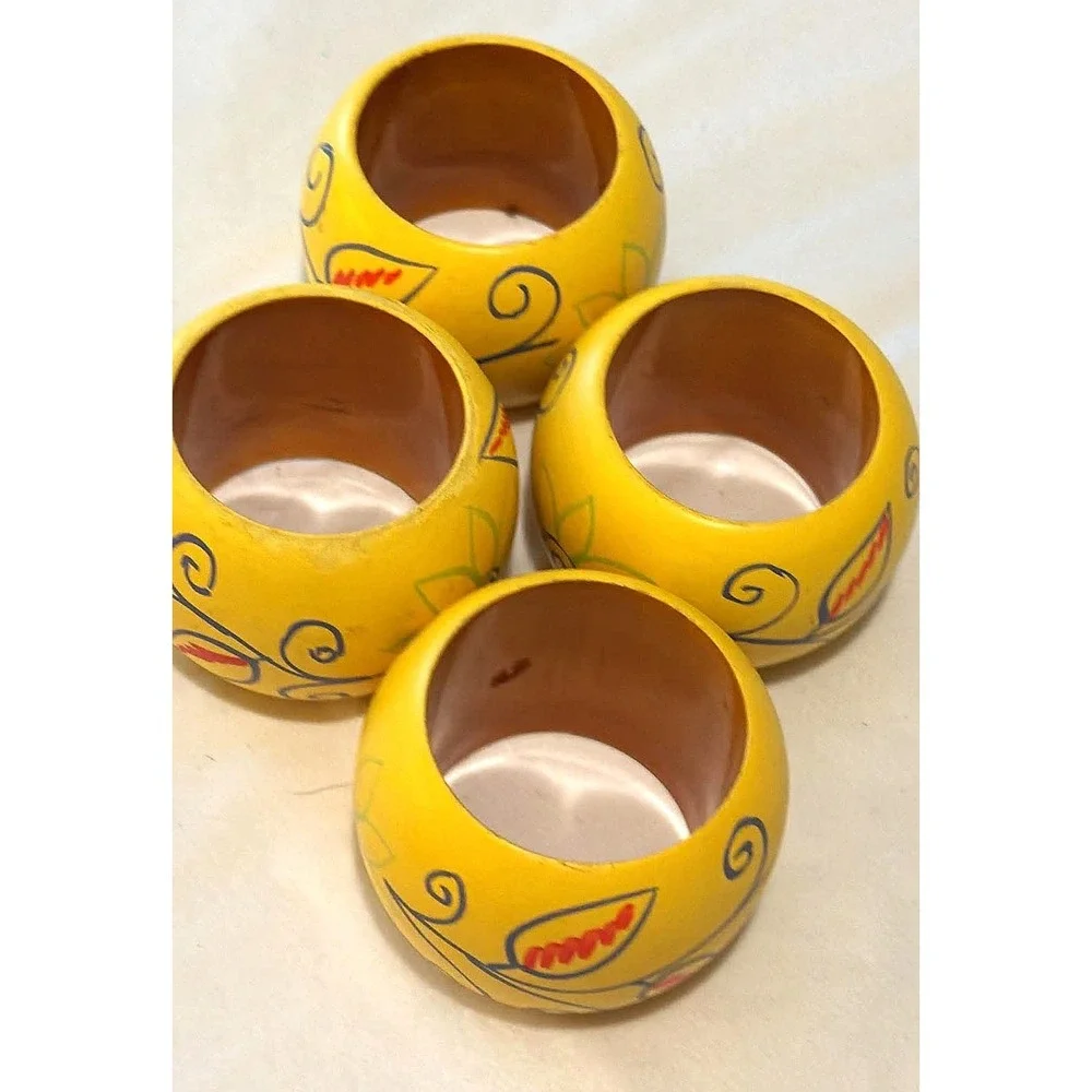 Wood Napkin Rings Set of 4 Yellow Hand Painted Floral Cottage Farmhouse